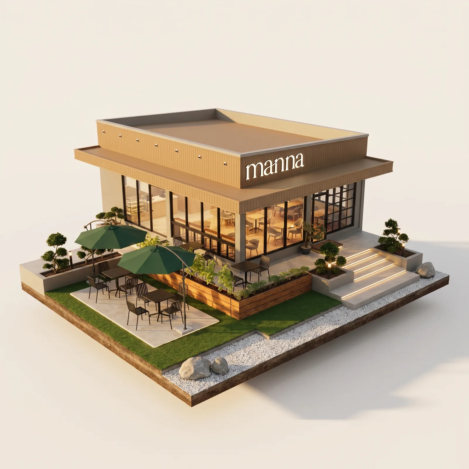 3D isometric miniature of Manna's flat-roof cafe with its glass corner, lit steps, planters, and umbrellas