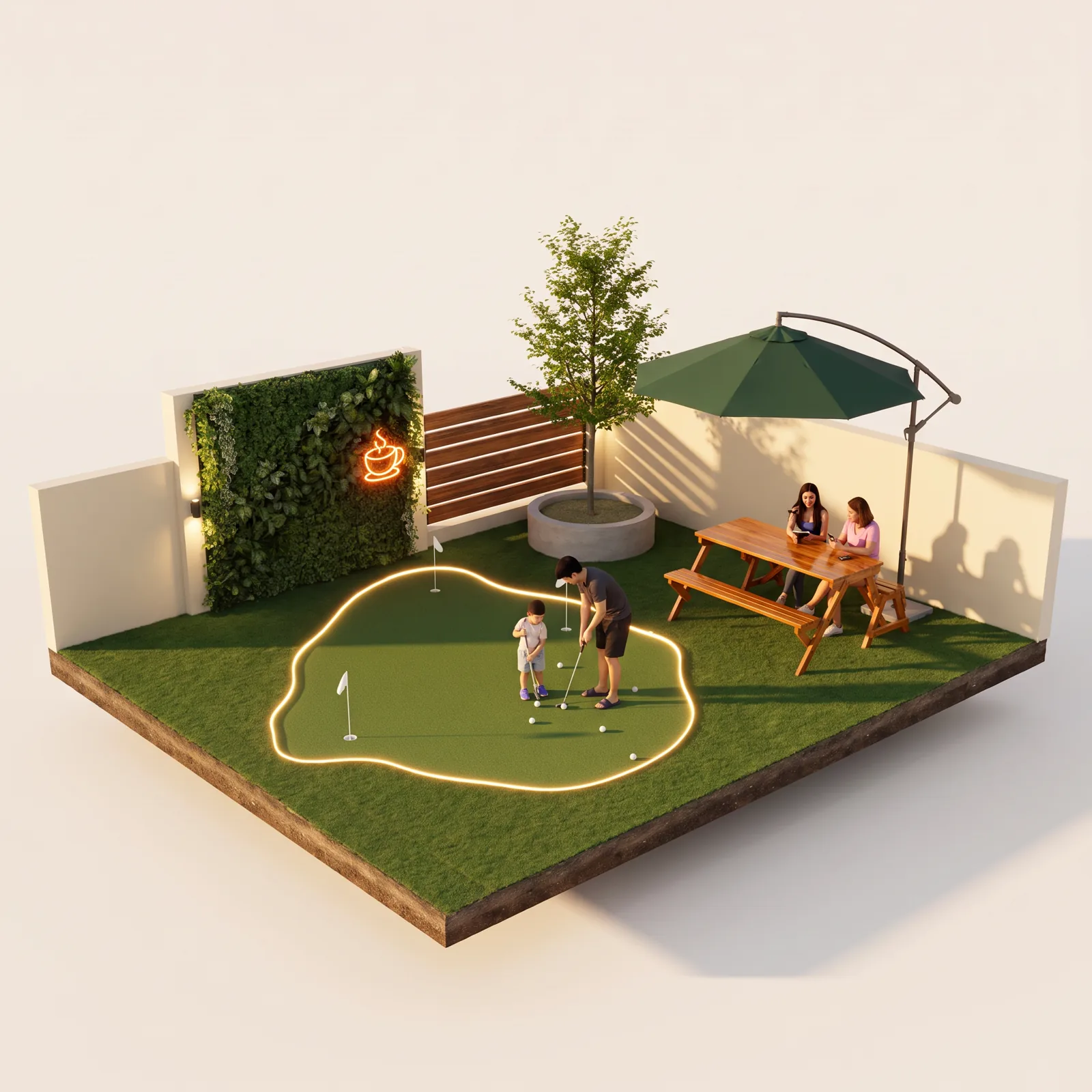 3D miniature of Manna's garden with a lit putting green, a living wall, and a picnic table