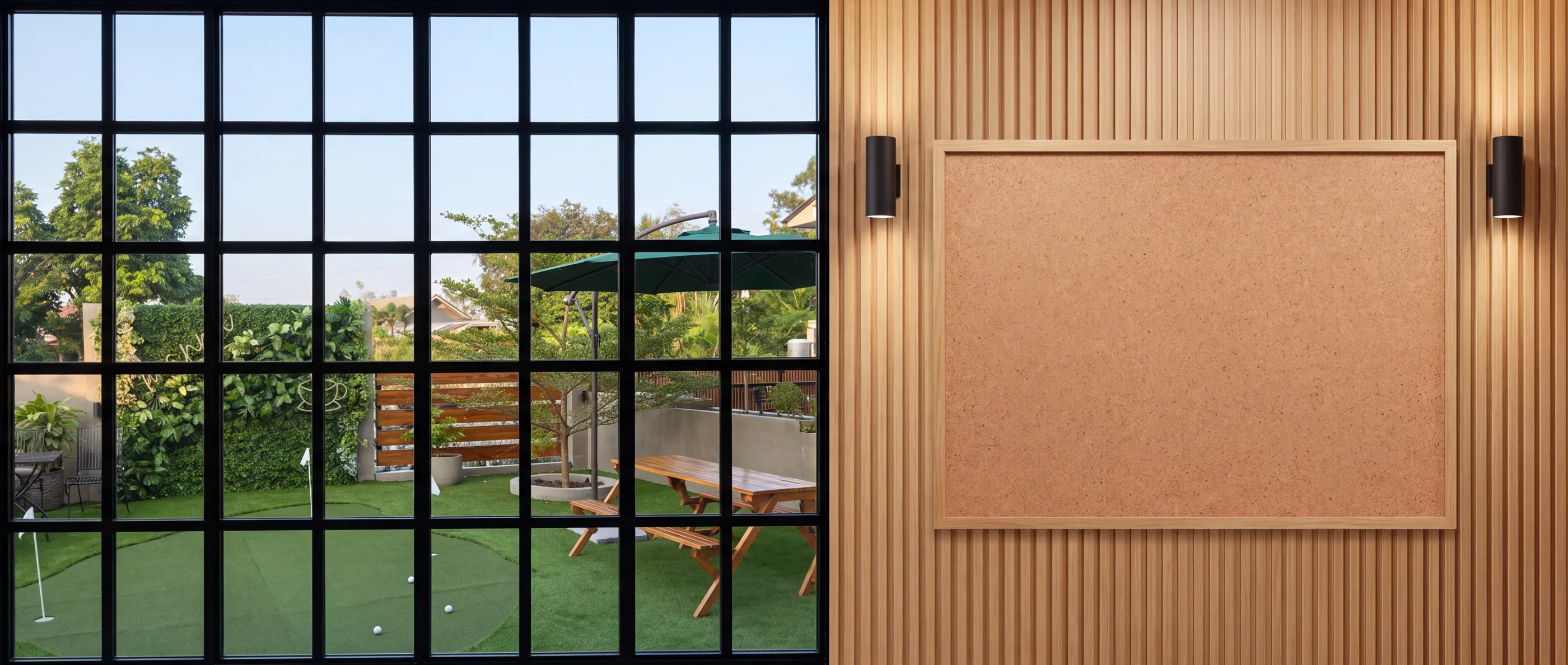 A steel-framed window onto Manna's garden putting green, beside a fluted oak wall with a photo board and black sconces